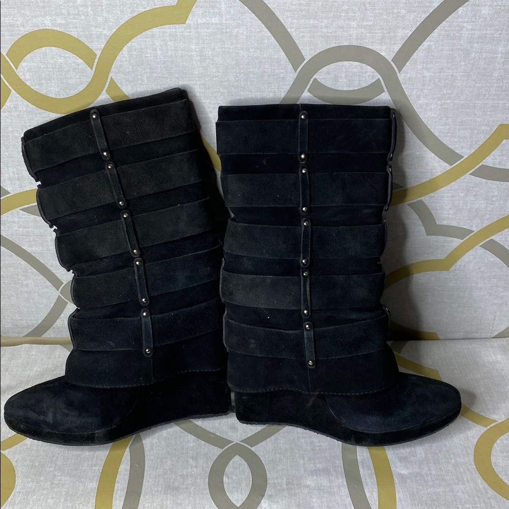 Women's Black Buckle Suede Wedge Ankle Boots - Picture 3 of 6